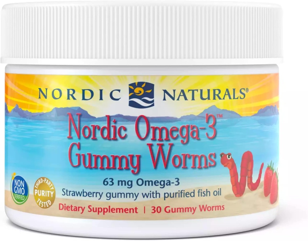 Nórdico Naturals Nórdico Omega-3 Gummy Worms, Morango - 30 Gummy Worms - 63 mg Total Omega-3s com EPA & DHA - - 30 Servings