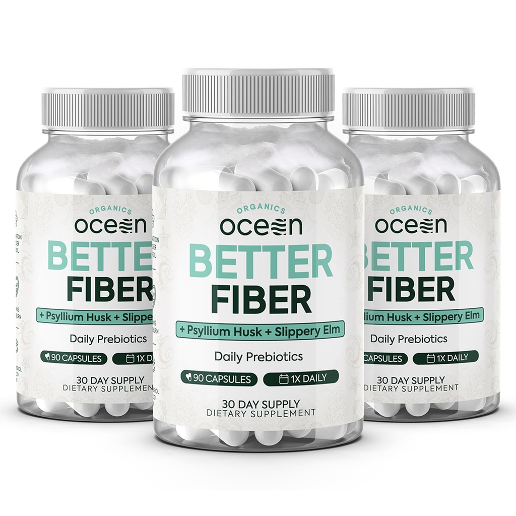Orgânicos Oceano melhor fibra - Suplemento de fibra diária - amolecer escabelo para movimentos de intestino sem esforço - com Psyllium Hulk e Slippery Elm - 3 garrafas