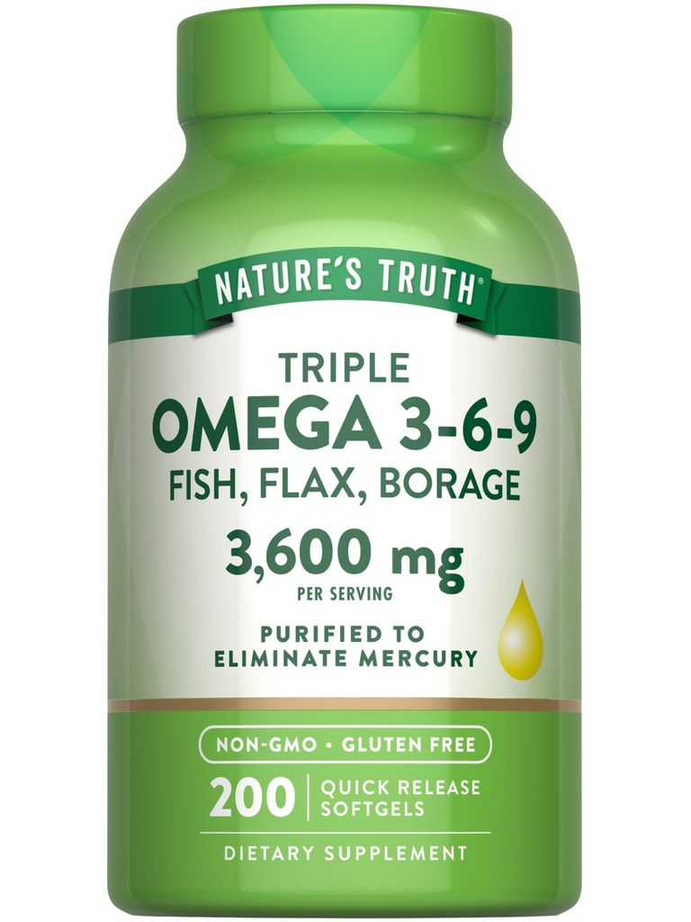 Nature's Truth Triplo Omega 3 6 9 3600mg .. 200 Softgels .. Peixe, linho, e Borage Oils ..