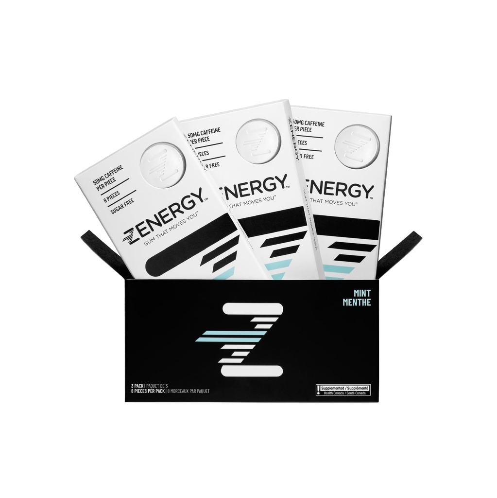 ZENERGY Gum Energia - sabor de hortelã (50mg de cafeína) + 35% B6 e 45% B12 Vitamina Vegan, 0 Açúcar, 0 Calorias, 0 Glúten, 0 Aspartame, Não-GMO, Ação Instantânea