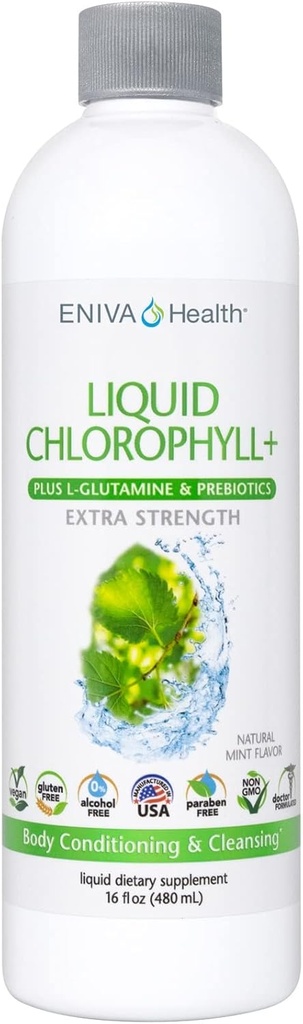 Eniva saúde líquido clorofila Super Verdes 24K MG com Prebiótico & L-Glutamina sabor de hortelã, Imunidade, Energia, Detox, Gut Saúde Vegan, Gluten & Alcohol-Free