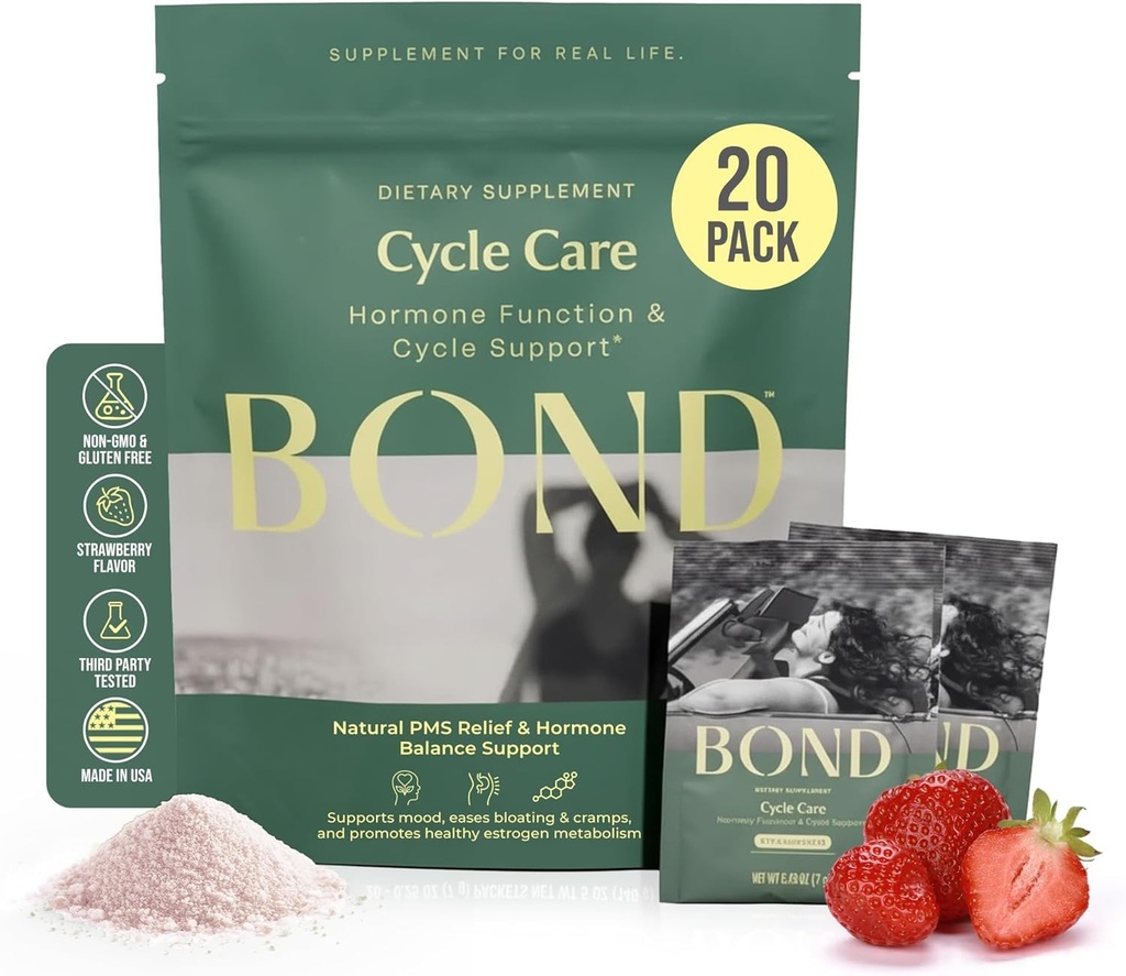 BOND Cycle Care – Suplemento de suporte PMS e equilíbrio hormonal para mulheres – Redutor de cortisol com Ashwagandha, L-Tryptophan, Magnésio, Cães e alívio de humor, Morango Drink Mix - 20 pacotes de viagem