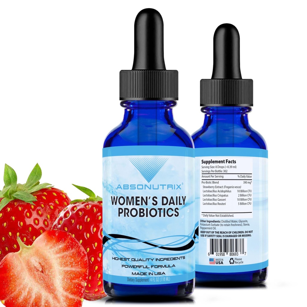 Absonutrix Women’s Daily Probióticos 390 mg, 4 Oz Liquid, 302 Servings, Made in USA, Absorção Rápida, Ingredientes Potentes de Qualidade, Não-GMO, GMP Certified Facility, Cruelty-Free Products