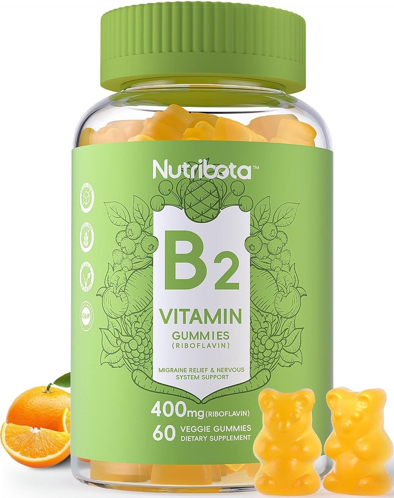 Açúcar sem vitamina B2 Gummies- Riboflavina 400mg 200mg com magnésio, CoQ10 para adultos e crianças, Vegan, 60 Contagem