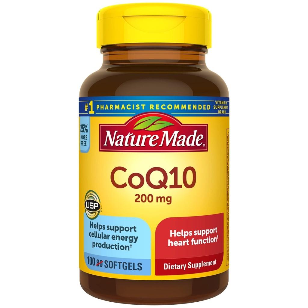 Natureza Made CoQ10 200 mg, Suplemento dietético para a Saúde do Coração e Produção de Energia Celular, 100 Softgels, 100 dias de fornecimento