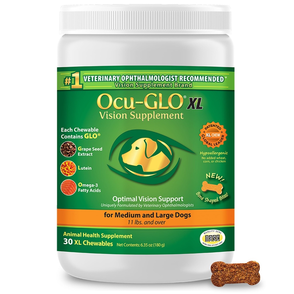 Ocu-GLO Cat & Dog para apoio ocular - Suplemento de visão mastigável para cuidados de animais de estimação grandes e pequenos com Lutein, ácidos gordos Omega-3, extrato de sementes de uva e antioxidantes 30 XL Mastigables