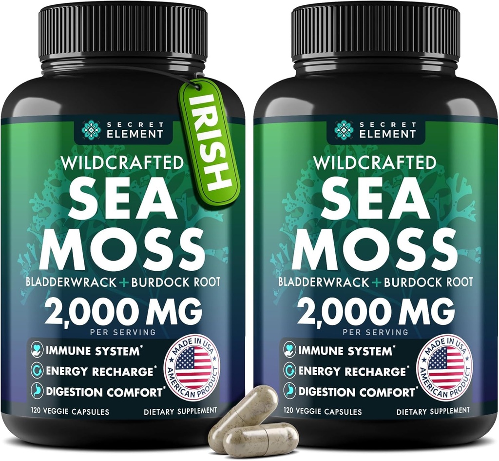 Sea Moss Cápsulas - Irish Sea Moss Avançado com Burdock Root, Bladderwrack & Muira Puama para Imunidade, Gut, & Energy - Superfood Sea Moss Suplementos w/Raw Sea Moss Powder (2 Pack)