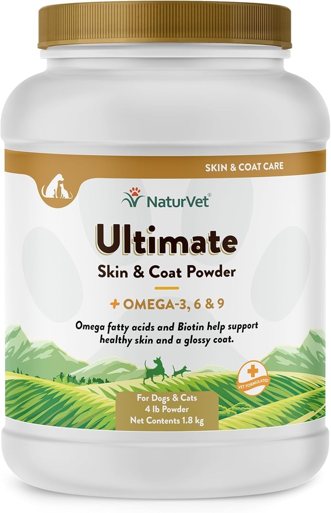 NaturVet Ultimate Skin & Coat Powder Pet Supplement for Dogs & Cats – Inclui Omegas 3, 6, 9, Biotina, Vitaminas – Para casacos de cão saudáveis, pele de gato – Saboroso alimento Topper para animais de estimação – 4 libras.