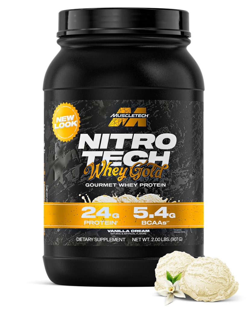 MuscleTech Whey Protein Powder (Vanilla Cream, 2LB) - Nitro-Tech Whey Protein Isolate Smoothie Mix para Lean Muscle & Recovery - 24g de Whey Gold para Mulheres e Homens - Embalagem Maio Vary