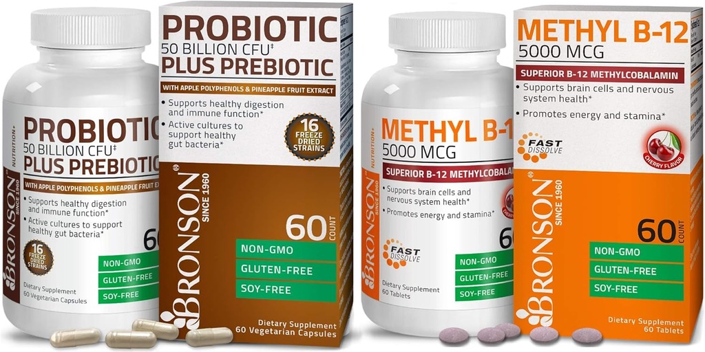 Bronson Probiótico 50 Bilhões de UFC + Prebiótico com Apple Polifenóis & Extrato de fruta de abacaxi + Metil B12 5000 mcg Vitamina B12 Metilcobalamina