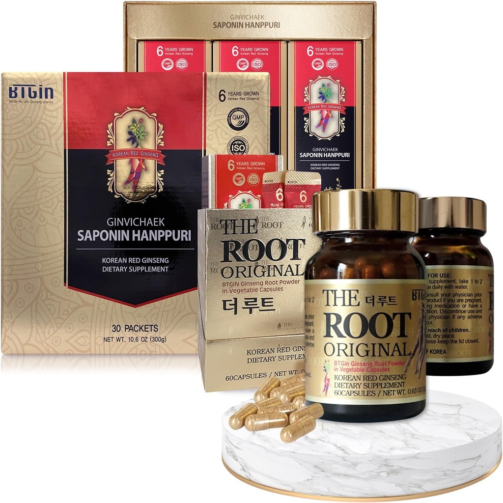 Korean Red Ginseng Extract 3000mg and Capsules Bundle - Saponin Hanppuri + The Root Original - Suplementos de energia natural para apoio imunológico, alívio de estresse, foco e clareza mental com Ginsenoside Rg3