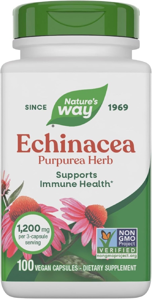 Nature's Way Echinacea Purpurea Herb, Imune Support Supplement*, 1200 mg por 3 cápsulas servindo, Projeto não-GMO verificado, Vegan, 100 Cápsulas (Pacote de Maio Vary)