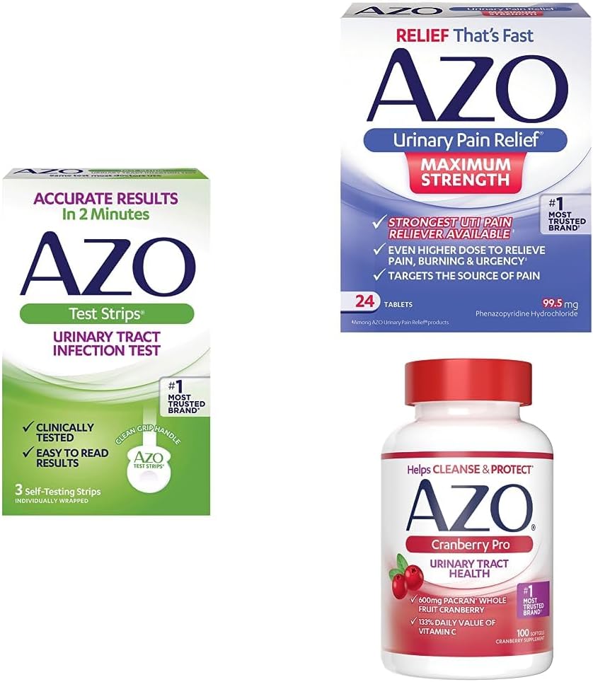 Pacote de alívio da dor AZO ITU – AZO ITU tiras de teste 3ct, AZO alívio da dor urinária Max força 24ct, AZO Cranberry Pro suplemento 100ct