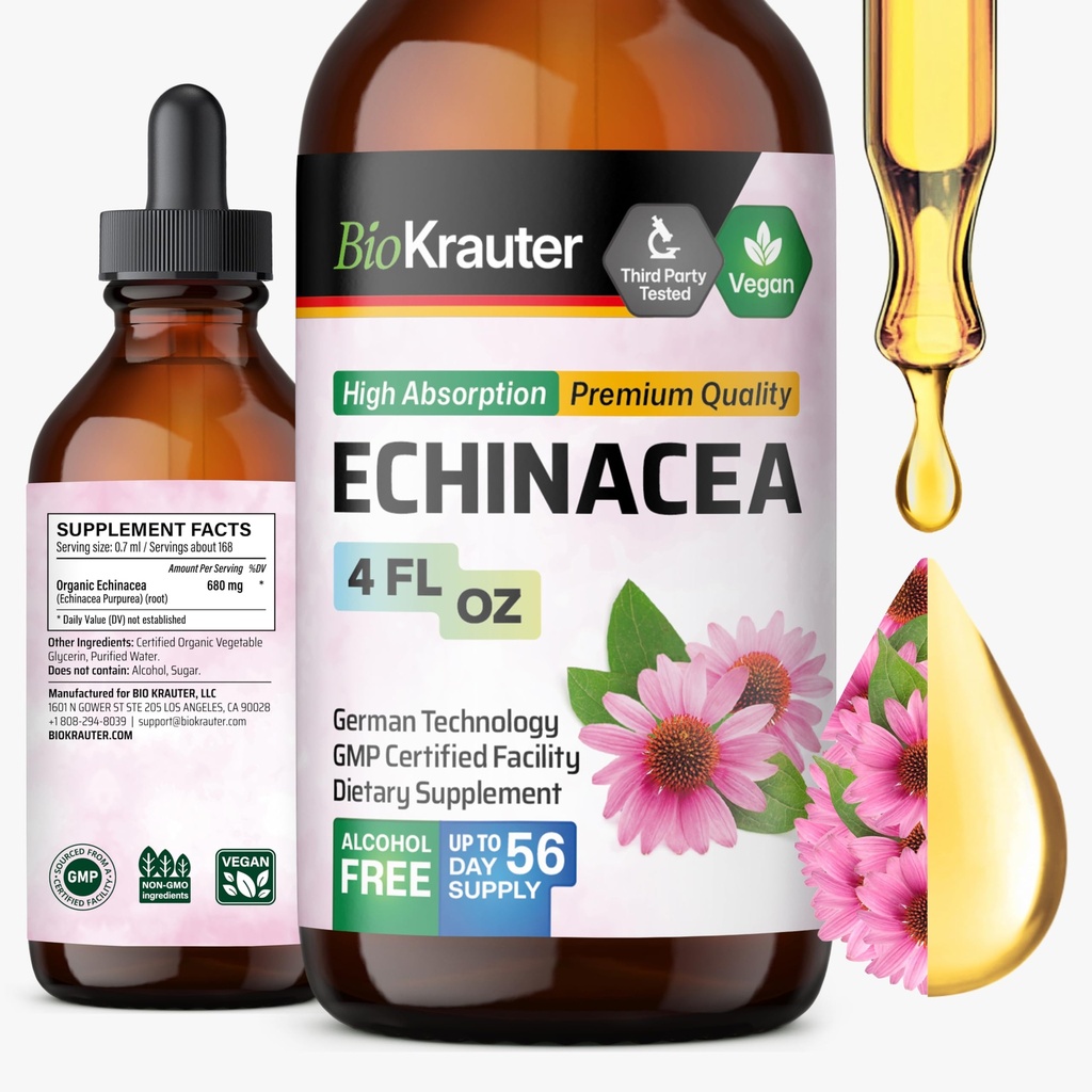 BIO KRAUTER Echinacea Drops - Apoio Imune Natural - Echinacea Tintura Suplemento - Vegan, Alcohol & Sugar Free Drops - 4 Fl.Oz.