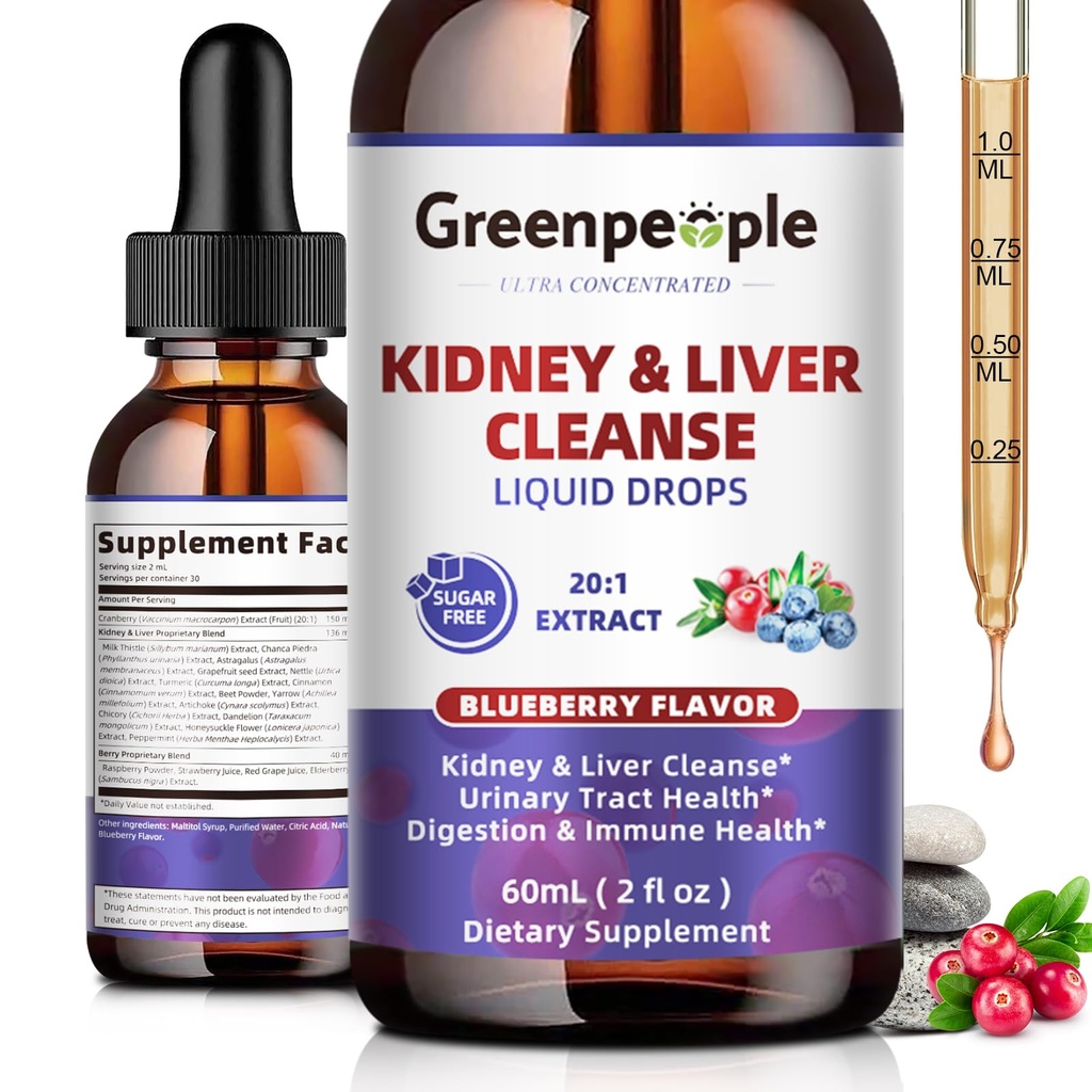 GREENPEOPLE Kidney Cleanse Detox & Repair - 27-In-1 Rim & Liver Drops com 20:1 Extrato de cranberry & Chanca Piedra, Suplemento sem álcool para trato urinário e suporte de fígado (2 Oz 1 Pack, Blueberry)