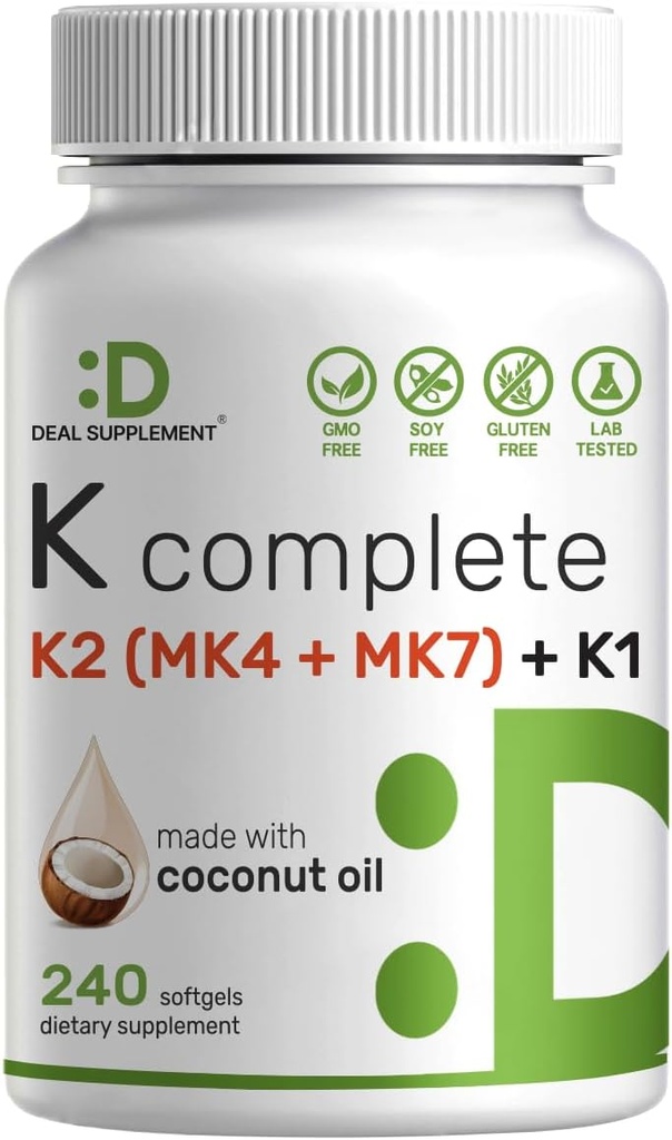 SUPPLEMENT DEAL Vitamina K Complete - 240 Óleo de coco Softgels . Alta potência Vitamina K2 (MK-7 e MK-4) & K1 .