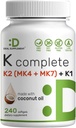 SUPPLEMENT DEAL Vitamina K Complete - 240 Óleo de coco Softgels . Alta potência Vitamina K2 (MK-7 e MK-4) & K1 .