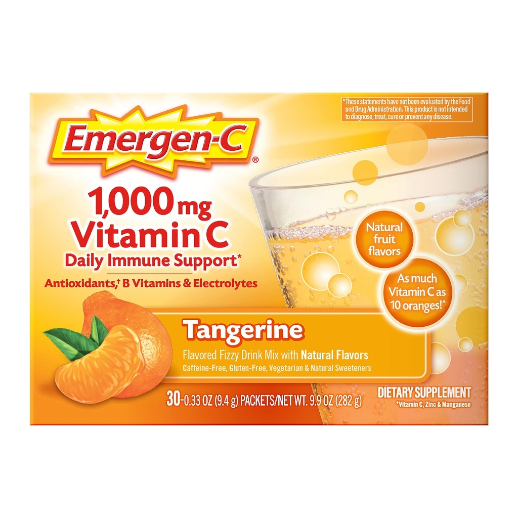 Emergen-C 1000mg Vitamina C Imune Suporte pó Tangerina 30CT inclui zinco, manganês, 7 B Vitaminas e Eletrólitos para Voltar à Escola Essenciais