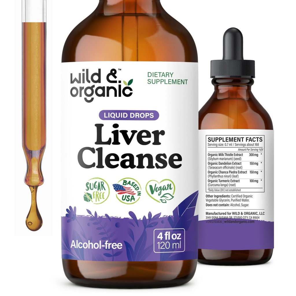 Fígado selvagem e orgânico limpar detox tintura - Cardo de leite, Complexo de ervas raiz de dente de leão - Suplemento de suporte de fígado líquido - Vegan, Açúcar & Leite livre de álcool