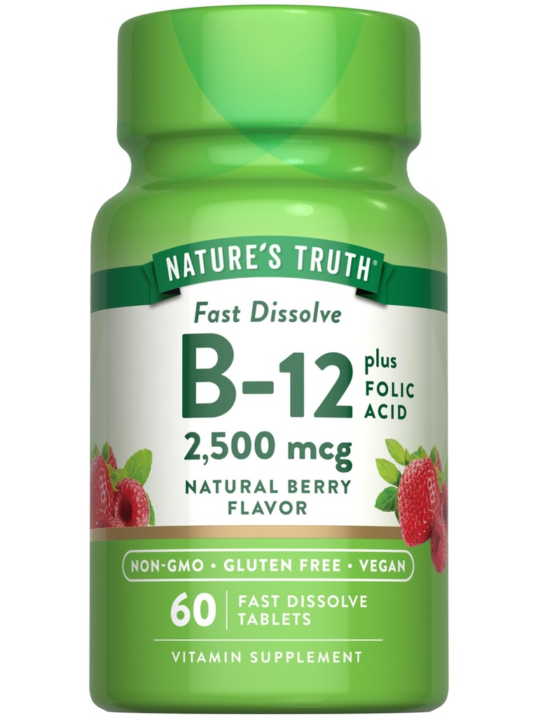 A verdade da natureza B12 Vitamina 60 comprimidos de dissolução rápida 2500 mcg com ácido fólico Vegan, não-GMO e glúten livre