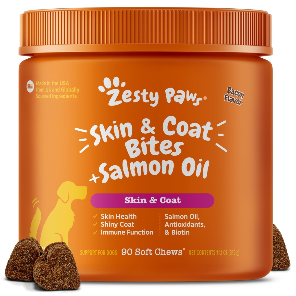 Zesty Paws Omega 3 Fish Oil para cães - Zesty Paw Dog Vitaminas e Suplementos para Hip, Joint & Skin, Bacon (90 Chews)