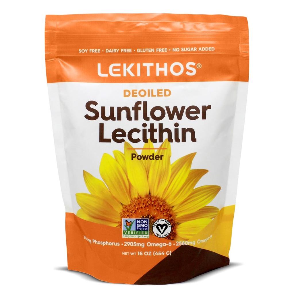 Lecitina desoilada em pó de girassol 16 onças, suplemento diário de lecitina para cozinhar, cozimento e chicletes,1760mg Phosphatidyl Choline Supplement - Ótimo para dutos de leite entupidos! 65 Servings, Non-GMO