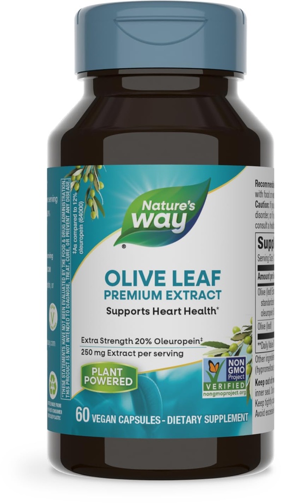 Nature's Way Olive Leaf, Extrato Premium, Suporta Saúde do Coração*, 20% Oleuropein, 250 mg por porção, Projeto Não-GMO Verificado, 60 Cápsulas Vegan (Pacote de Maio Vary)