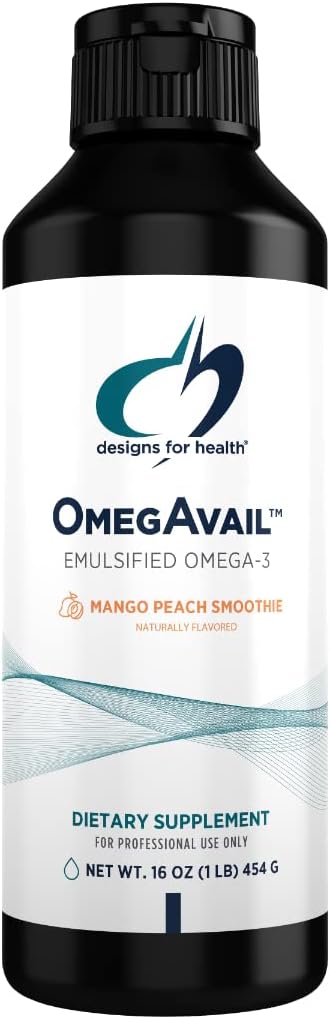 Designs para a saúde OmegAvail Smoothie - Omega 3 TG Trigliceride Fish Oil Emulsion with DHA + EPA - Suplemento Líquido para Cardiovascular + Suporte Cérebro, Mango Peach Flavor (43 Servings / 16 onças)