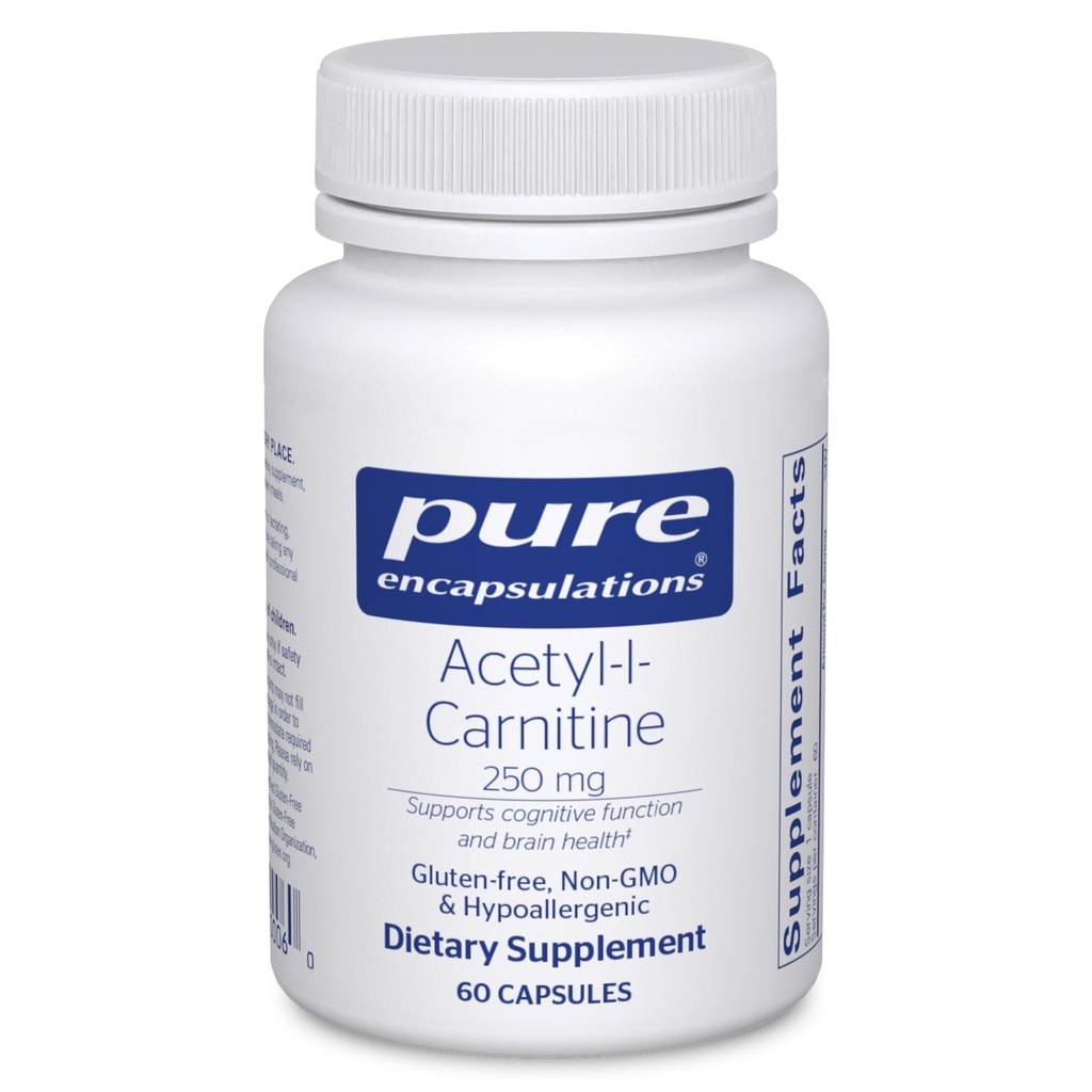 Encapsulamentos puros Acetil-L-Carnitina 250 mg - Memória e Suplemento do Cérebro - Suporte e Foco do Cérebro* - Gluten Free & Non-GMO - 60 Cápsulas