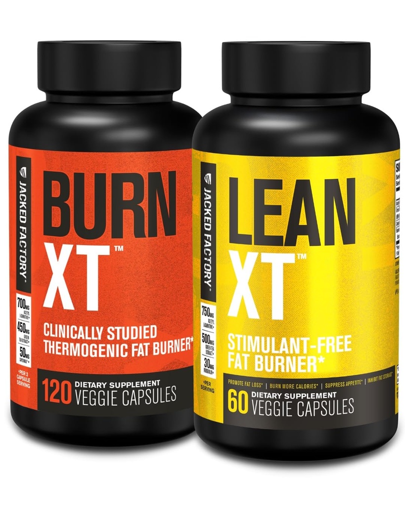 Fábrica Jacked Burn-XT Clinicamente estudado queimador de gordura e perda de peso Suplemento - Apetite Supressor & Energia Booster (120 Cápsulas) & Lean-XT Queimador de gordura sem cafeína (60 Cápsulas)