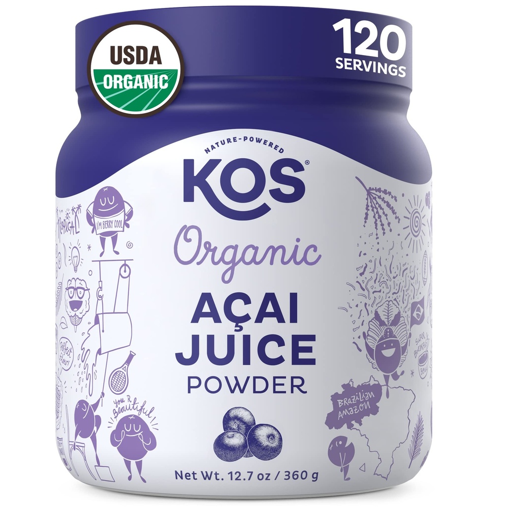 KOS Organic Acai Juice Powder - USDA Certified Organic, Planta Based Superfood Antioxidants, Superberry from Brazil, Great for Smoothies and Bowls, 0g Sugar, Vegan, Gluten-Free, Non-GMO - 120 Servings