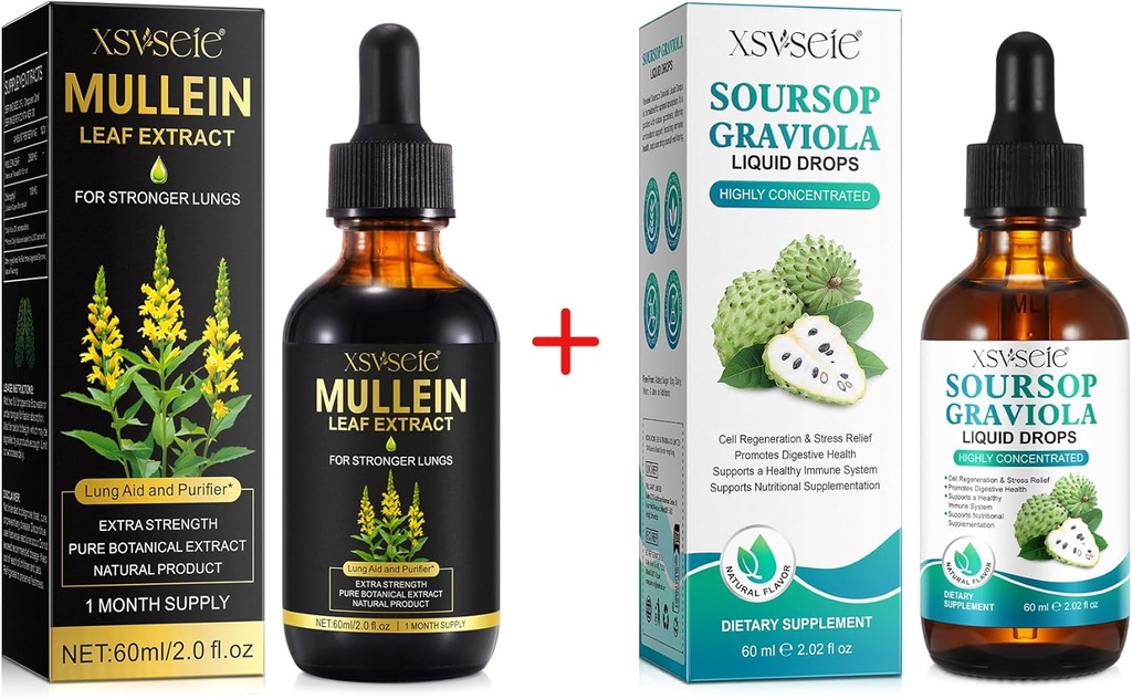 Mullein gotas para os pulmões Limpa e amargores de Soursop líquido, Mullein folha extrato tintura com clorofila, gotas de multivitamina de calor, suplemento de ervas naturais para homens e mulheres