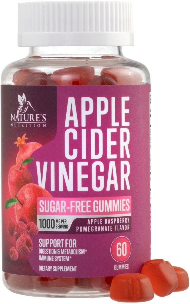 Apple Cider Vinagre Gummies 1000mg por serviço - Sugar Free Max Força ACV Gummy Vitaminas Suplemento, Fórmula avançada, Vitamina B12 Suporta metabolismo e energia, Keto Friendly, Vegan, 60 Gummies