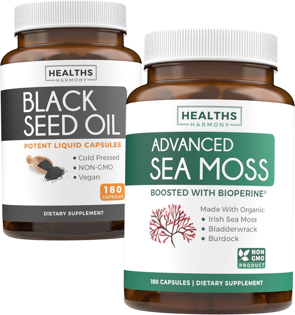 Black Seed Oil & Irish Sea Moss (3-Month Supply) - Power Duo Bundle of Black Seed Oil (180 Cápsulas) Nigella Sativa & Irish Sea Moss (180 Cápsulas) com Bioperine e Bladderwrack