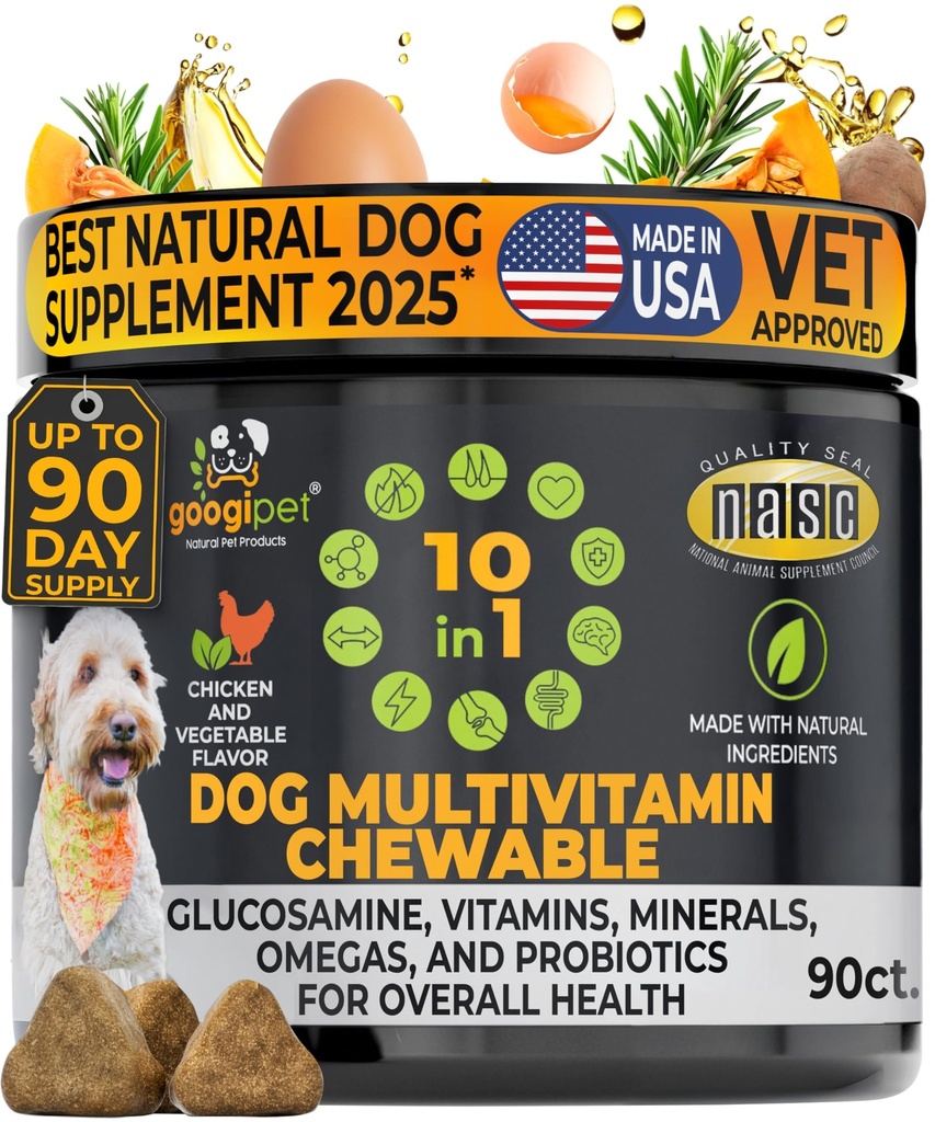Googipet Premium 10 em 1 Dog Vitaminas Multivitamin Mastigado com Probióticos para Gut Saúde, Dog Vitaminas e Suplementos w/Vitamina C & Glucosamina para Apoio Conjunto (Flavor de frango e legumes)