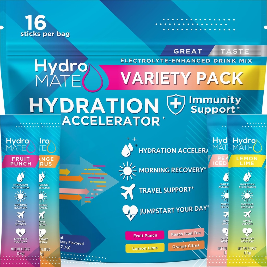 HydroMATE Electrolyte Pó Variety Pack Pacotes de hidratação Baixo teor de açúcar 16