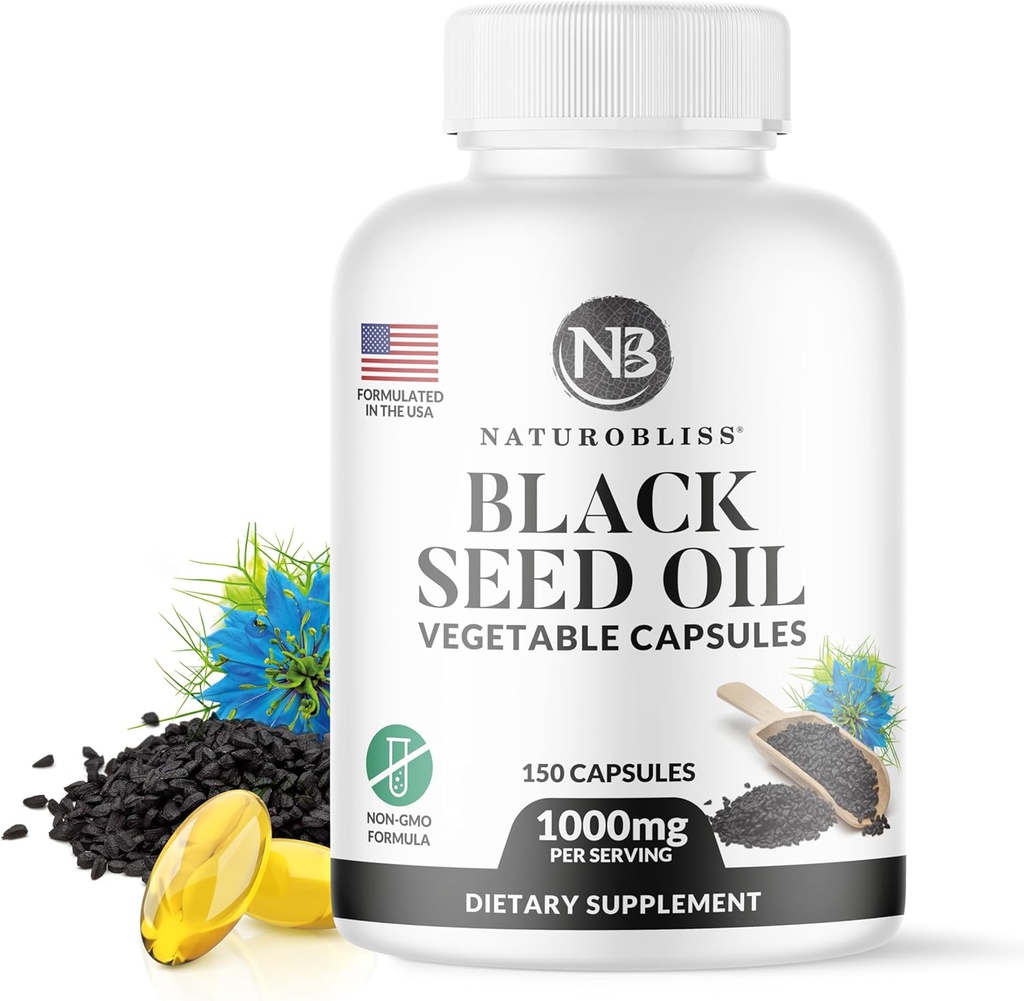 NaturoBliss Black Seed Oil - 150 Cápsulas Softgel Skin Health (Non-GMO & Vegan) Premium Cold-Pressed Nigella Sativa Produzindo Puro Black Cumin Seed Oil - 1000mg Por 2 Cápsulas Serving - 75 Servings