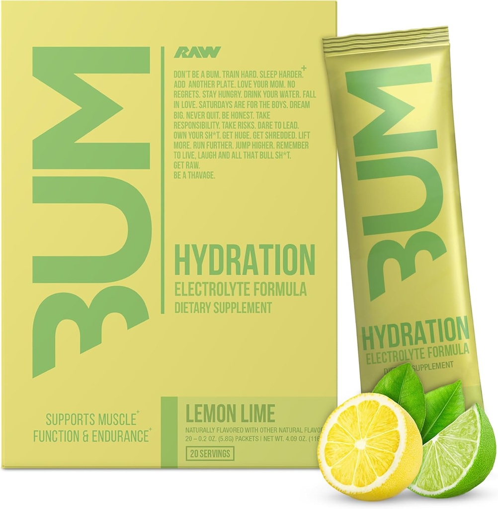 Eletrólitos RAW em pó Hydration Drink Mix Packets, Bum Hydrate (Lemon Lime, 20 Servings) - Eletrolítico Hydration Packets Suporta função muscular e resistência - Keto Eletrólitos Livres Em pó Packets
