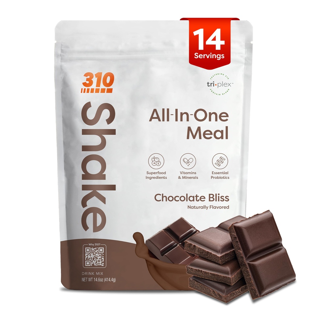 310 Nutrition All-In-One Replacement Shake Powder - Proteína Baseada em Planta Mistura m / alta fibra, Probióticos & Adaptogens - Baixo Carbo, Vegan, Keto & Paleo Friendly - Chocolate Bliss - 14 Srv