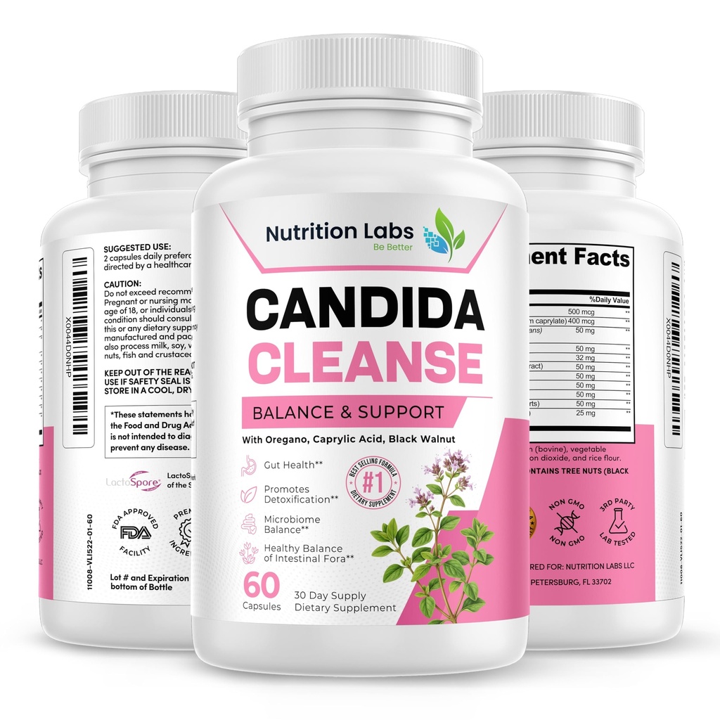 Candida Cleanse Supplement for Balance & Support, Candidase Detox, Women & Men. Gut Health & Flora, pH Level, Intestinal Health. Lactospore® Probiotics. Anti Yeast Overgrowth W/ Oregano, Caprylic Acid