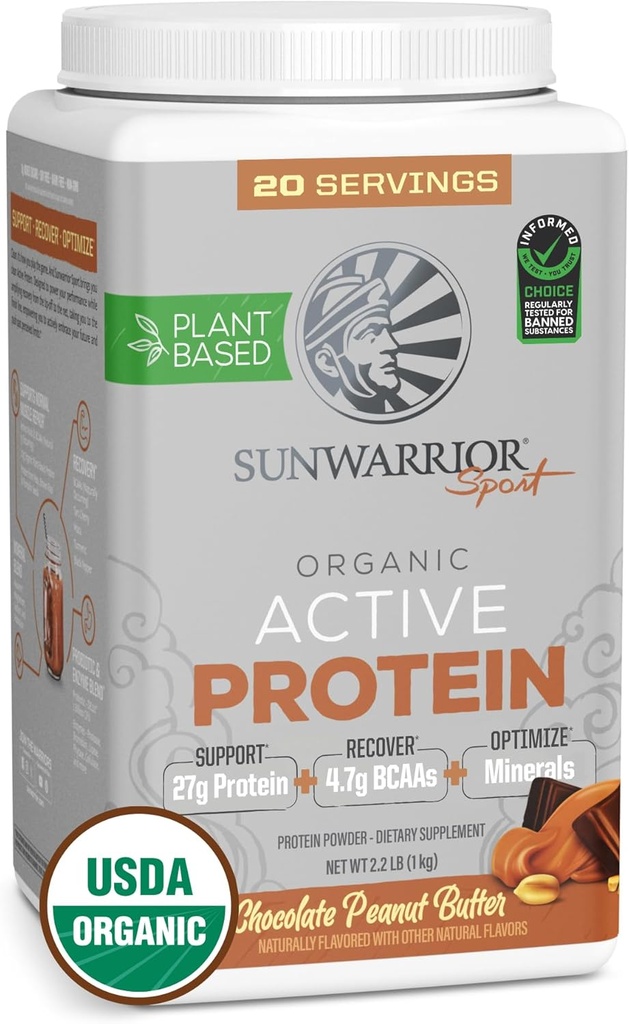 Sunwarrior orgânico planta baseada em pó de proteína Vegan orgânica pó com BCAAs Além de Recuperação Mineral & Botânicos ; Não-GMO Soja Dairy & Gluten Free (Chocolate Peanut Butter, 20 Servings)