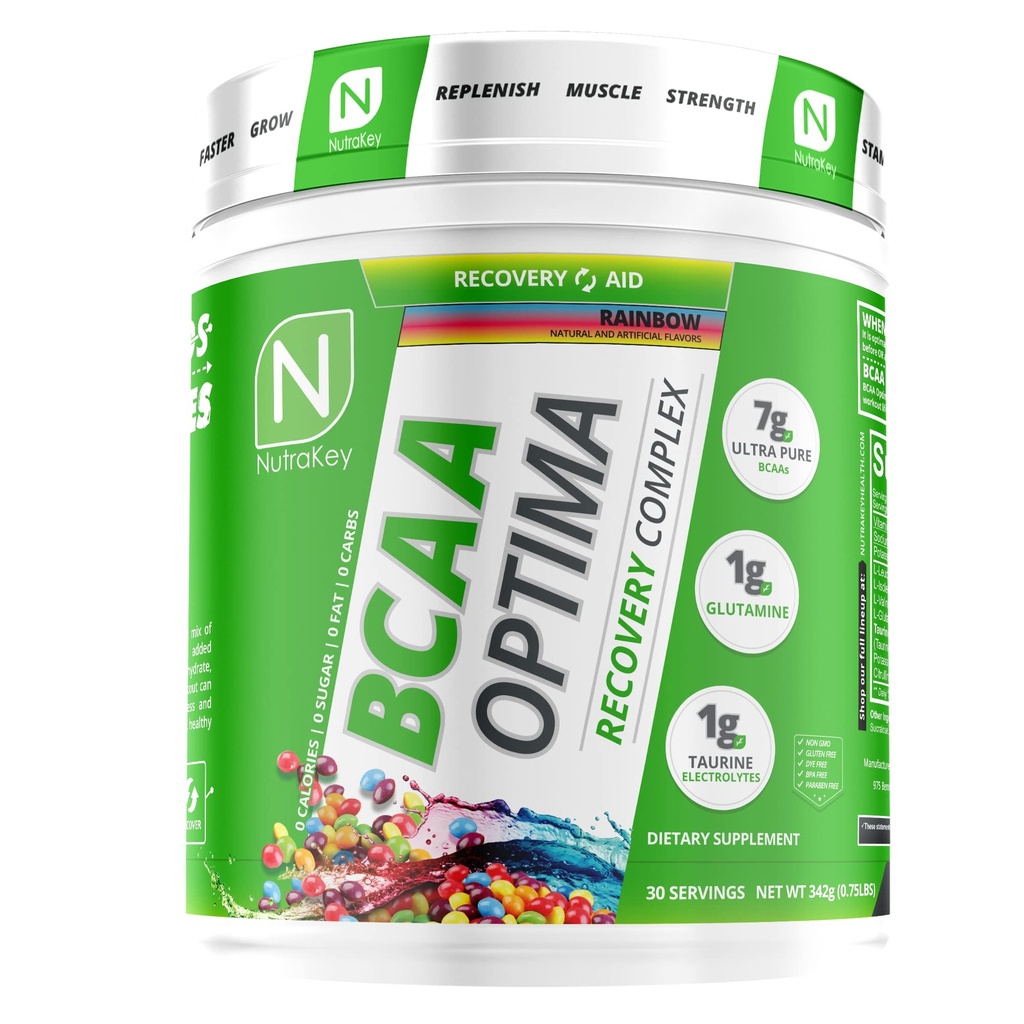 NutraKey BCAA Optima Complexo de recuperação pós-treino, Sem açúcar, Sem carboidratos, Ajuda de recuperação, Arco-íris
