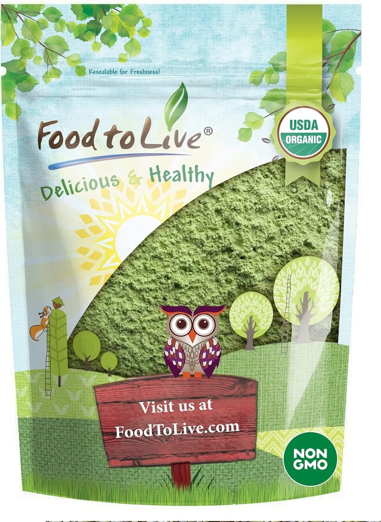 Alimento para Wheatgrass vivo orgânico em pó, 2 libras — Não-GMO, Folha inteira, cru, não-irradiado, Puro, Vegan Superfood, Bulk, Grande para suco, Rico em fibra, clorofila, ácidos gordos e minerais