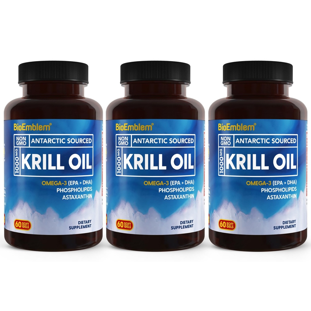 BioEmblem 3 Pack Antárctico Krill Oil 1000mg Softgels, Ómega-3s Óleo com altos níveis de EPA + DHA, Astaxantina e Fosfolipídios, Suporta Saúde do Cérebro, 180-Count Non-GMO, Gluten Free, 90 Dias Fornecimento