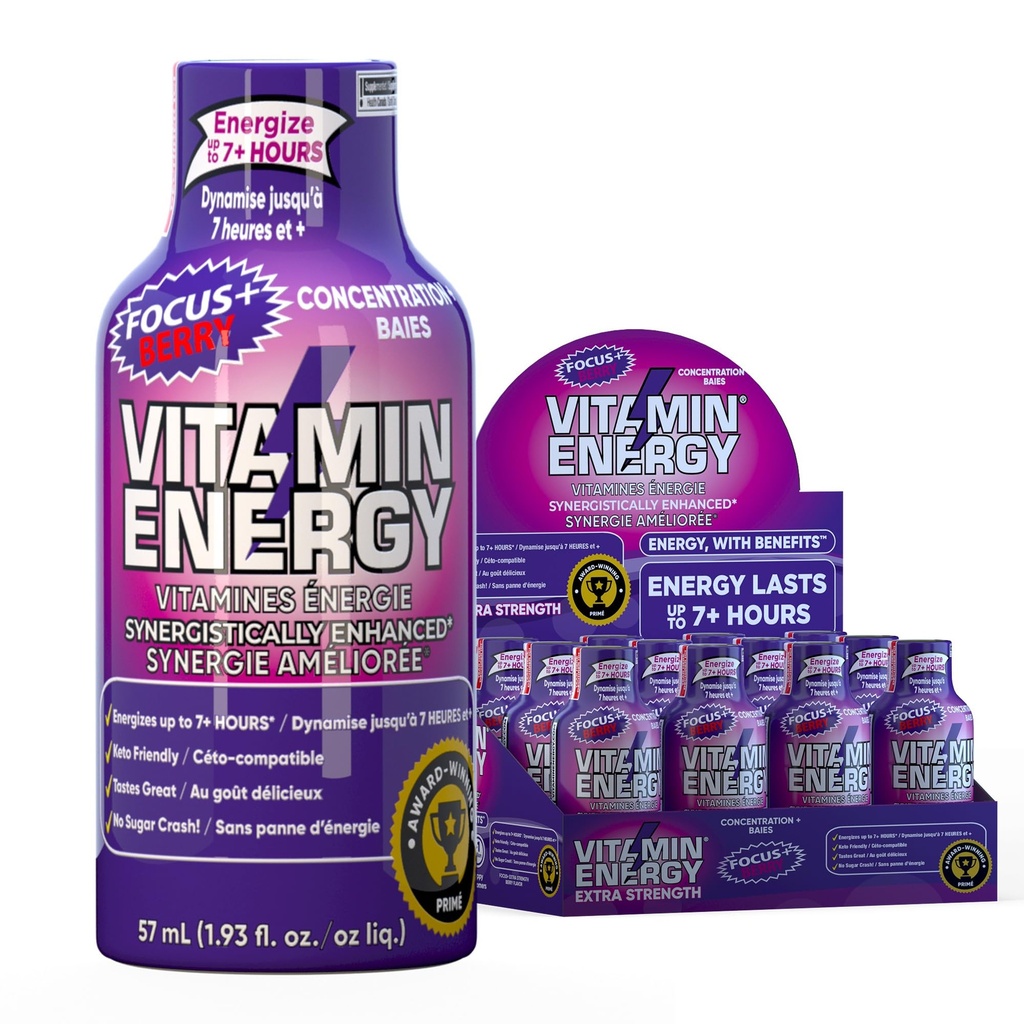 Vitamina Energia Focus+ Energia de força extra Shot Berry 12 Pack, 260mg Cafeína Natural, B-Vitaminas, CoQ10, Aminoácidos, Foco, Produtividade e clareza, Açúcar Zero, Sem glúten, 1,93 fl oz