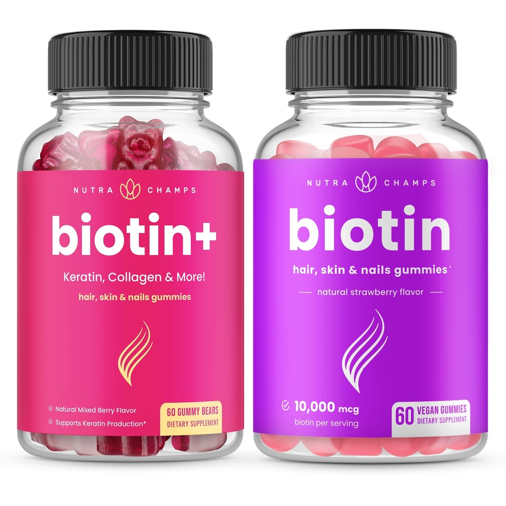 NutraChamps Biotin+ & Biotin. O Duo completo para cabelos, pele e unhas.