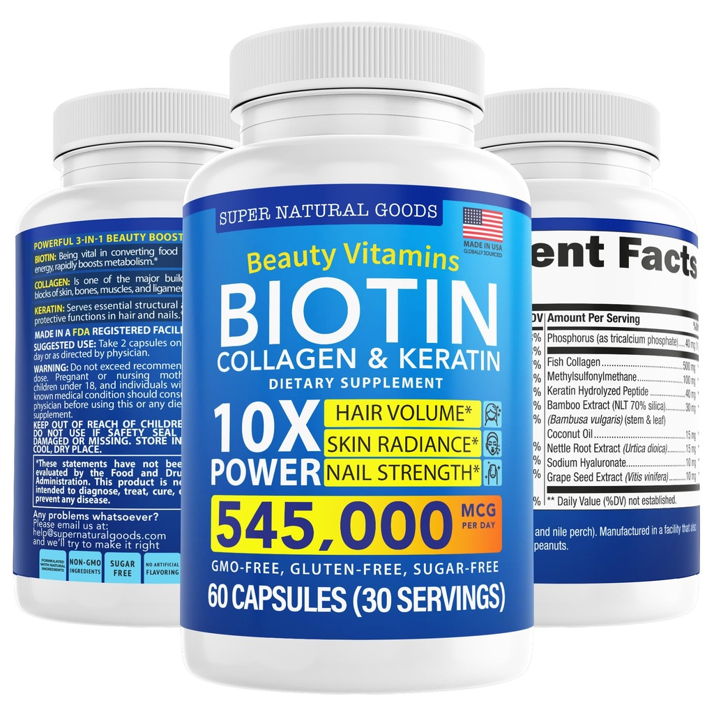 Vitaminas de biotina e colágeno + queratina com folato - Tratamentos de perda de cabelo para mulheres e homens - Folículo, pele e unhas Suplementos para o crescimento do cabelo e suporte pós-parto - GMO livre e sem glúten (60 Caps)