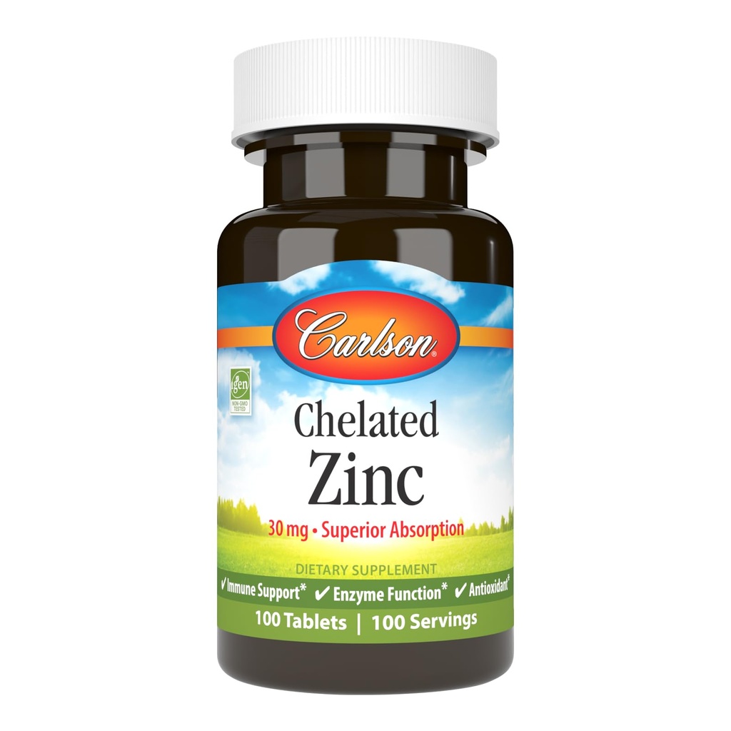 Carlson - Zinco Quelado, 30 mg - Absorção Superior, Suporte Imune e Função Enzima, Antioxidante, 100 comprimidos