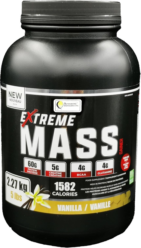 Massa extrema Gainer Muscle Builder, 5 lb (2.27 kg) Baixo açúcar altas calorias para treinos intensos (Vanilla)