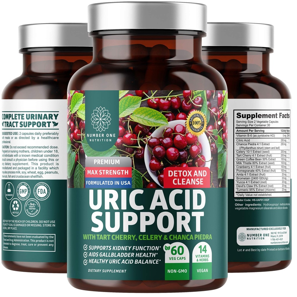 N1N Premium Ácido Urico suplemento de suporte [14X Potente Herbs] Todos os rins naturais e Ácido Urico limpar com tart cereja, cardo de leite, Cranberry, Aipo, Chanca Piedra, 60 Veg Caps